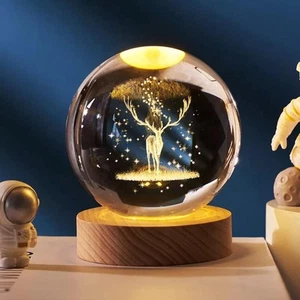 3D Glass Ball Night LED Lamp with Wooden Base - Deer - Picture 1 of 2