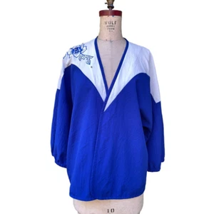 Vintage Women's Open Front Windbreaker Blazer Jacket Blue Embroidered M - Picture 1 of 8
