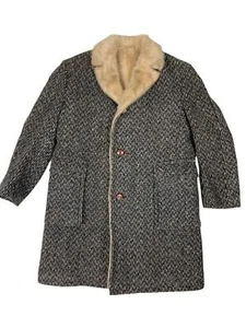VTG 60s MENS WOOL TWEED FAUX FUR LINED WINTER CAR COAT OVERCOAT BERLIN M 40” - Picture 1 of 9