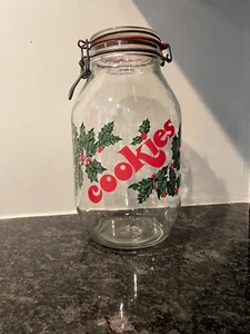 Vintage 3L Swing top hinged lid Christmas Cookie Jar clear holly pattern EUC - Picture 1 of 3