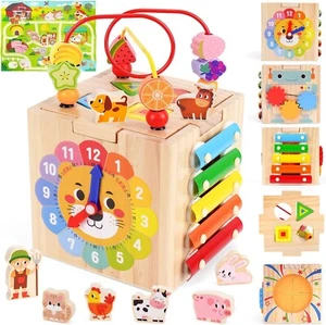 Toddler Wooden Activity Cube Toys, Montessori Toys for 1 2 3 Year Old Boy... - Picture 1 of 7
