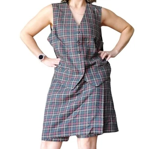 90s XL Plaid Vest Skort Set NWT Gray Academia Preppy Streetwear Set 12 14 - Picture 1 of 10