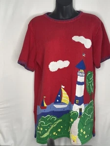 Quacker Factory Lighthouse Beach Cape Novelty Knit Sweater Size Small Red - Picture 1 of 3