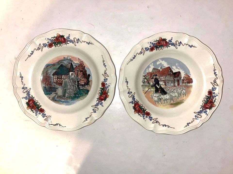 Пара французских обеденных тарелок Obernai Sarreguemines 9 дюймов эльзасский декор - Изображение 1 из 4