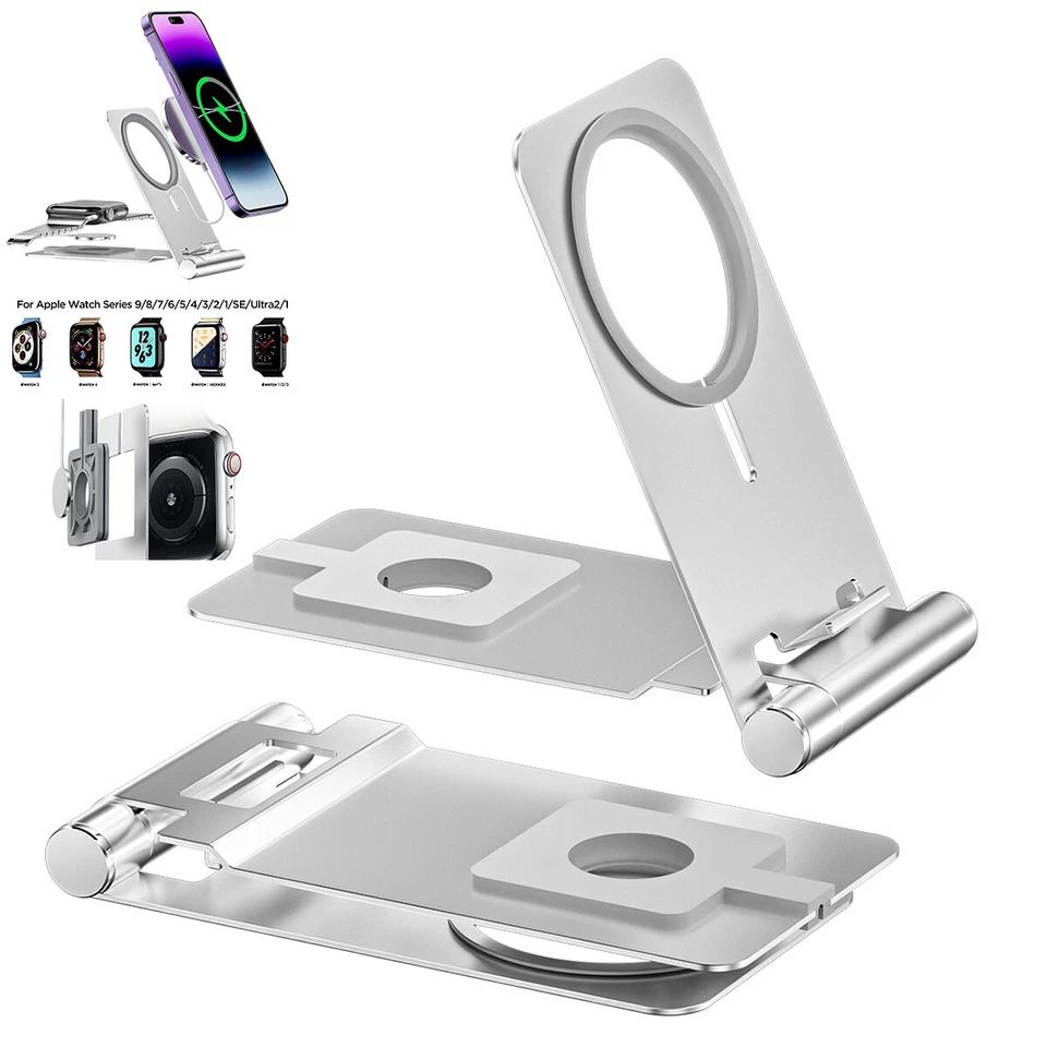 Foldable Aluminum MagSafe Charger Mount Desk Stand for iPhone Apple Watch Tablet - Image 1 of 4