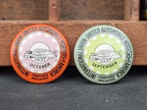 MINT 1937 UAW Buttons ~ Auto Workers Union Pin back Lapel Bastian Bros Celluloid - Picture 1 of 7
