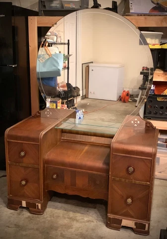 Antique Art Deco Waterfall Vanity Table with Round Mirror and Chair Cover