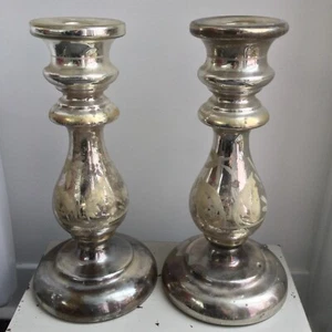 Very Rare Pair Of Beautiful Old Handblown Large Mercury Glass Candlesticks - Picture 1 of 12