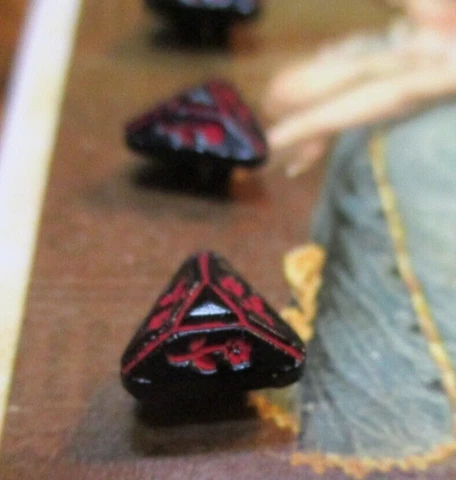 Set of 4~Vintage Tiny 3/8” hand Painted  black red  triangle glass  Buttons ~NOS Cover