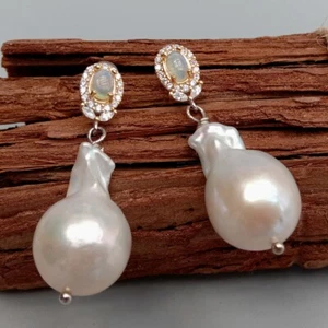 Freshwater Cultured White Keshi Pearl Natural Opal Stud Dangle Earrings - Picture 1 of 4