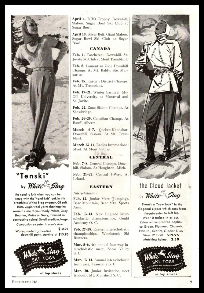 Jaquetas de esqui e nuvem 1948 White Stag Ski Togs Portland Oregon anúncio impresso vintage - Imagem 1 de 1