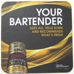 MILLER GENUINE DRAFT YOUR BARTENDER Beer COASTER, Mat, Milwaukee, WISCONSIN 2011 - Bild 1 von 2