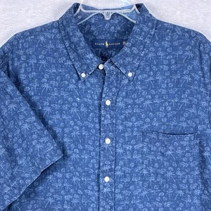 Ralph Lauren Mens XXL Blue Linen Hawaiian Flamingo Palms AOP Preppy Camp Shirt - Picture 1 of 8