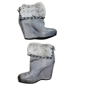 ASH Ankle Boots Women's Sz US 7.5/EU 38 Leather Fur Gray Taupe Wedge Heels Zip - Picture 1 of 16
