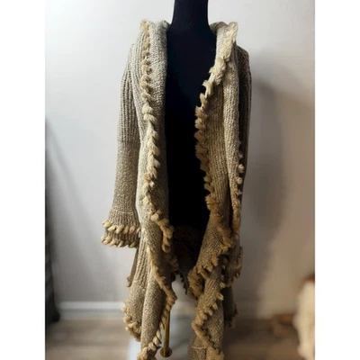 Boston Proper Beige Knit Fur Trim Hooded Cardigan Duster Sweater Long Y2K Preppy - Image 1 of 4