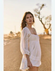 Free People Babydoll Dress Ari Mini Ivory Crochet Gauze Cottage Bohemian Boho S - Picture 1 of 15
