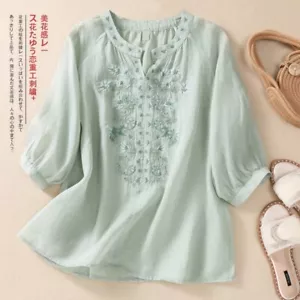 Cotton Linen Embroidered Top Women's 3/4 Sleeve V-neck Retro Shirt Top Blouses - Picture 1 of 18