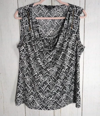 Camiseta sin mangas Ellen Tracy talla grande negra blanca estampado abstracto cuello drapeado Foto 1 de 4