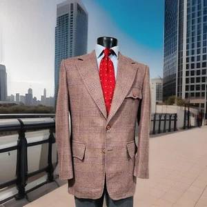 G. Fox & Co Wool Tweed Red Orange Blue Plaid Norfolk Sport Coat Men’s 42 L - Picture 1 of 8