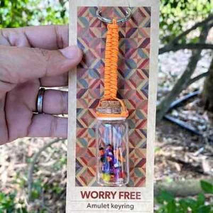 Six Mini Worry Dolls in a Glass Bottle Keyring - Bag Charm Tag Decoration - Picture 1 of 3