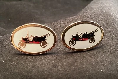 Gemelos de carro antiguos esmaltados blancos tono dorado vintage Foto 1 de 4