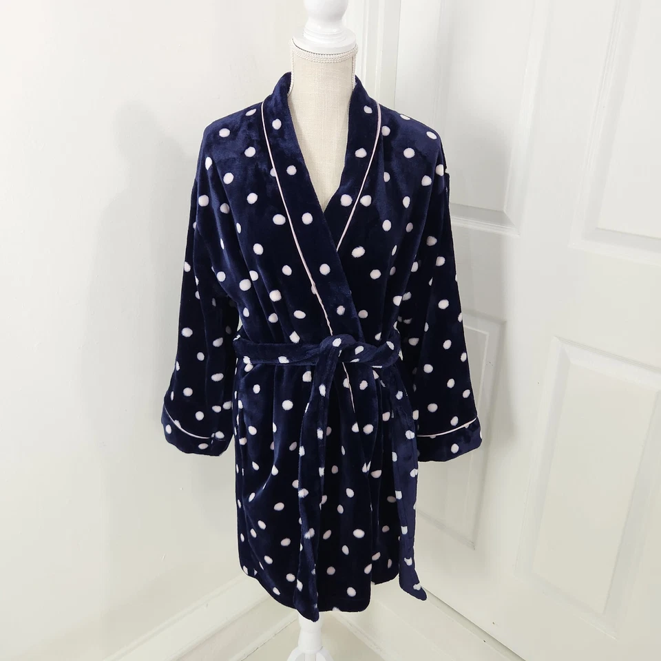 Kate Spade Robe Womens M Blue Polka Dot Chenille Short Cozy Fluffy Pockets - Image 1 of 4