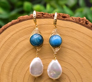 Freshwater Pearl Earrings W/ Natural Stone Bohemian Baroque Drop 925 Silver Hook - Picture 1 of 6