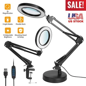 Magnifier LED Lamp 8X Magnifying Glass Desk Table Reading Light with Clamp Stand - Picture 1 of 12