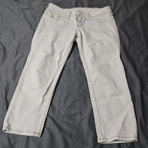 True Religion White With Brown Gold Stitching Capri Jeans Size 29 Demin Coastal - Picture 1 of 9