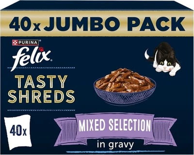 FELIX Tasty Shreds Mixed Selection in Gravy Wet Cat Food 40x80g Fast Shipping UK