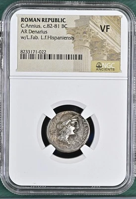 Imperio Romano C. Annius c. 82-81 A.C. AR Denarius con L.Fab. L.F. Hispaniensis NGC VF Foto 1 de 4