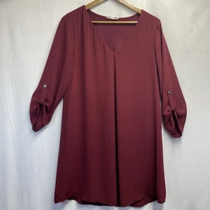 LUSH Lined V-Neck Roll Tab 3/4 Sleeve Casual Shift Dress Women Medium Burgundy - Picture 1 of 22