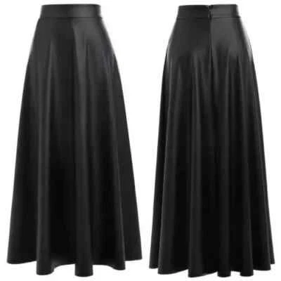 Black Women's Genuine Lambskin Pure Real Leather Long Skirt Classic Flare Skirt - Image 1 of 4