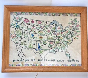 Vintage Needle Point Sampler Embroidered Map of United States & State Flowers - Picture 1 of 9