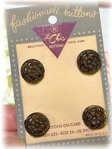Vintage Le Chic 4 Pierced Gold Black Shank Buttons on Card 1940s NOS - Picture 1 of 3