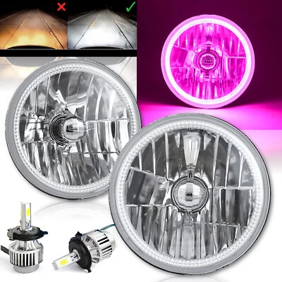 7" Purple SMD LED Angel Eye Crystal Clear Headlight & H4 6K 18/24w LED Bulb Pair - Image 1 of 4