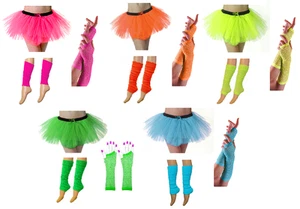 Adults Small - Medium Neon Tutu leg Warmers Gloves 1980s Hen Stag Party Fun Run - Picture 1 of 30