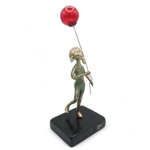 Malcolm Moran Girl With Red Balloon Brass Sculpture On Black Wood Base Signed 8" - Picture 1 of 14