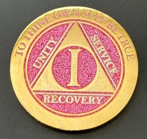 Alcoholics Anonymous AA 1 Year Recovery Token Coin Chip Plated Year Month Pink - Picture 1 of 2