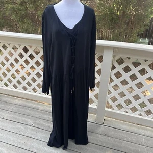 Vintage schwarzes Maxikleid Boho Tribal Gypsy Schnürung VNeck LS Witchy Lagenlook 24 - Bild 1 von 10