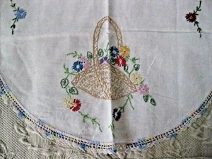 Cómoda de mesa blanca corredor bordado borde ganchillo cesta flores 17"x 25" de colección - Imagen 1 de 7