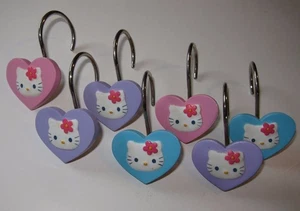 Vintage Hello Kitty 7er Set Gardinenhaken Herzform Pastell Weiß Katze Sanrio - Bild 1 von 10