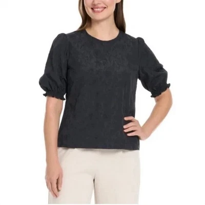 Ted Baker Women’s Floral Textured Puff Sleeve Blouse Top, Size L, Color Black. - Image 1 of 4