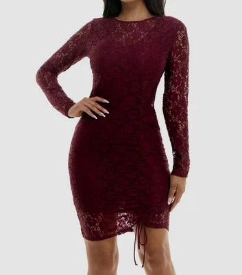 Vestido ceñido al cuerpo acanalado de encaje vino tinto Bebe para mujer talla mediana Foto 1 de 3