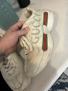Gucci REAL Rython Sneakers Men 9.5 Cream Leather Low Tops Italy Lace Up Designer - Picture 1 of 5