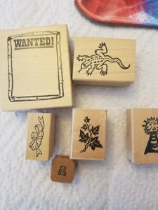 Lot of 6 assort Rubber Stamps Wanted lizard ribbon teddy ivy party hat #102 - Picture 1 of 3