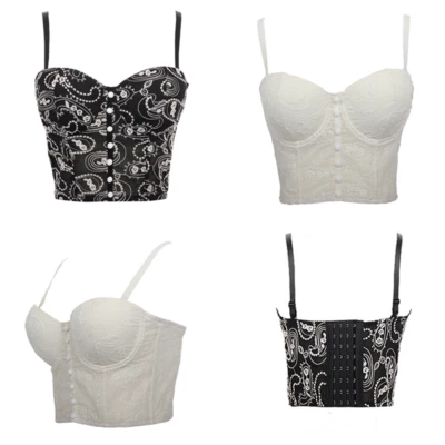 Women Embroidery Tank Bustier Bra Bralette Corset Crop Top Spaghetti Straps - Image 1 of 4