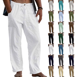 Mens Summer Cotton Linen Long Pants Casual Baggy Loose Beach Buttoms Trousers - Picture 1 of 32