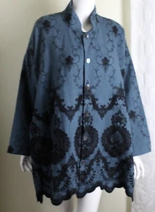New Eskandar Sz 1 TEAL Blue Green Embroidered A-Line 33" Long Linen Jacket Coat - Picture 1 of 10