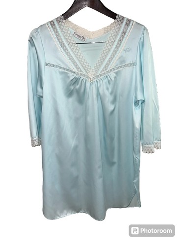 Camicia da notte vintage Christian Dior donna blu raso con pizzo bianco